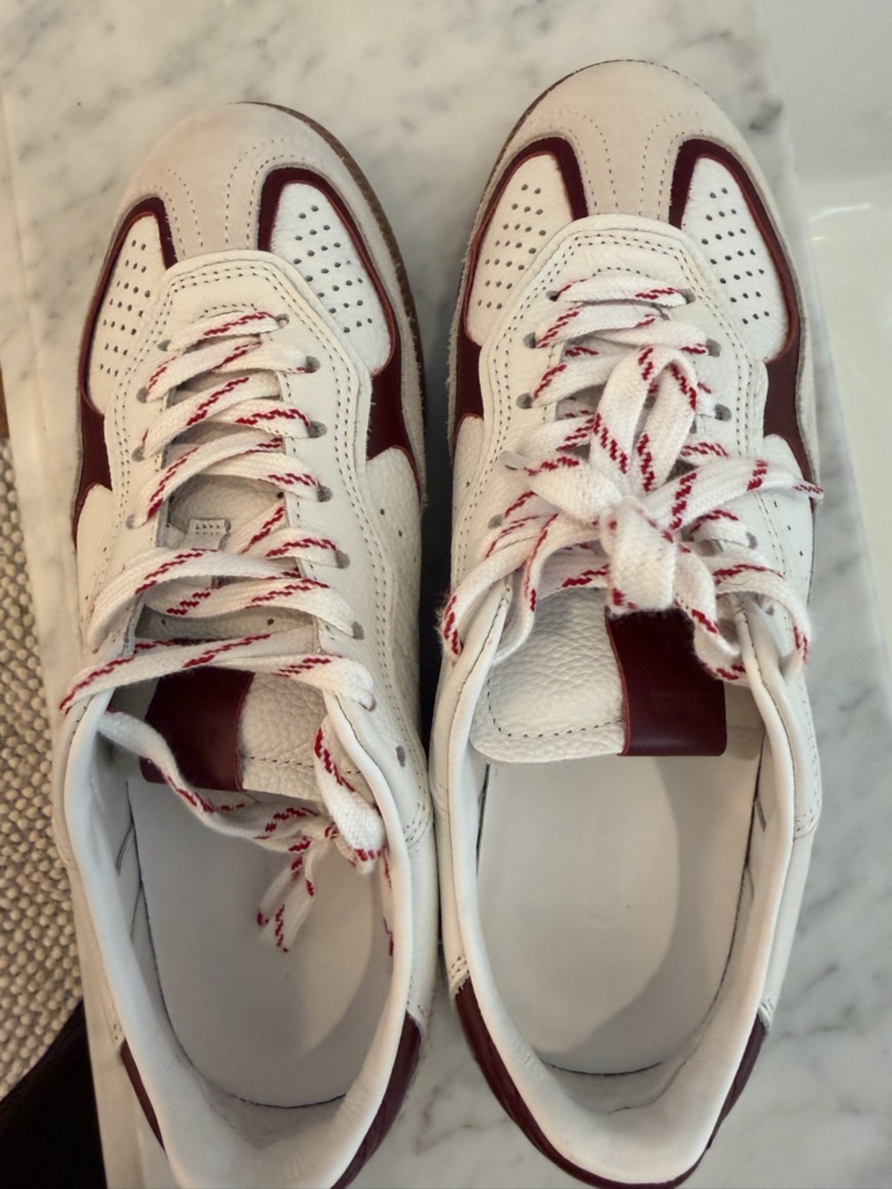 ALOHAS White and Burgundy Leather Sneakers